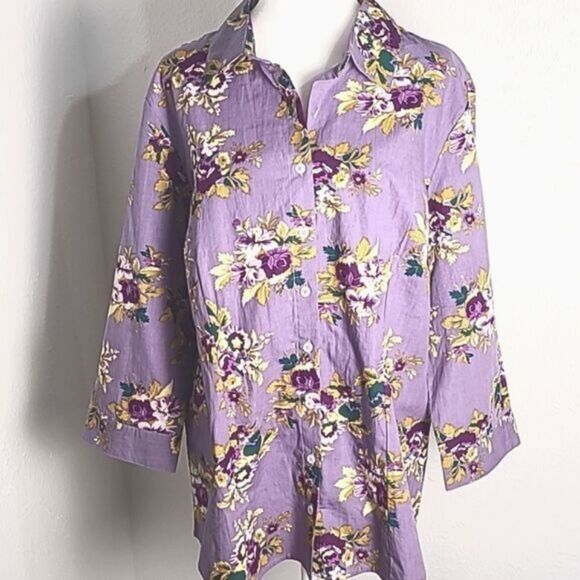 Chadwicks Purple Buttondown Blouse with Purple & Gold Flowers,  Size 18 - Picture 2 of 8